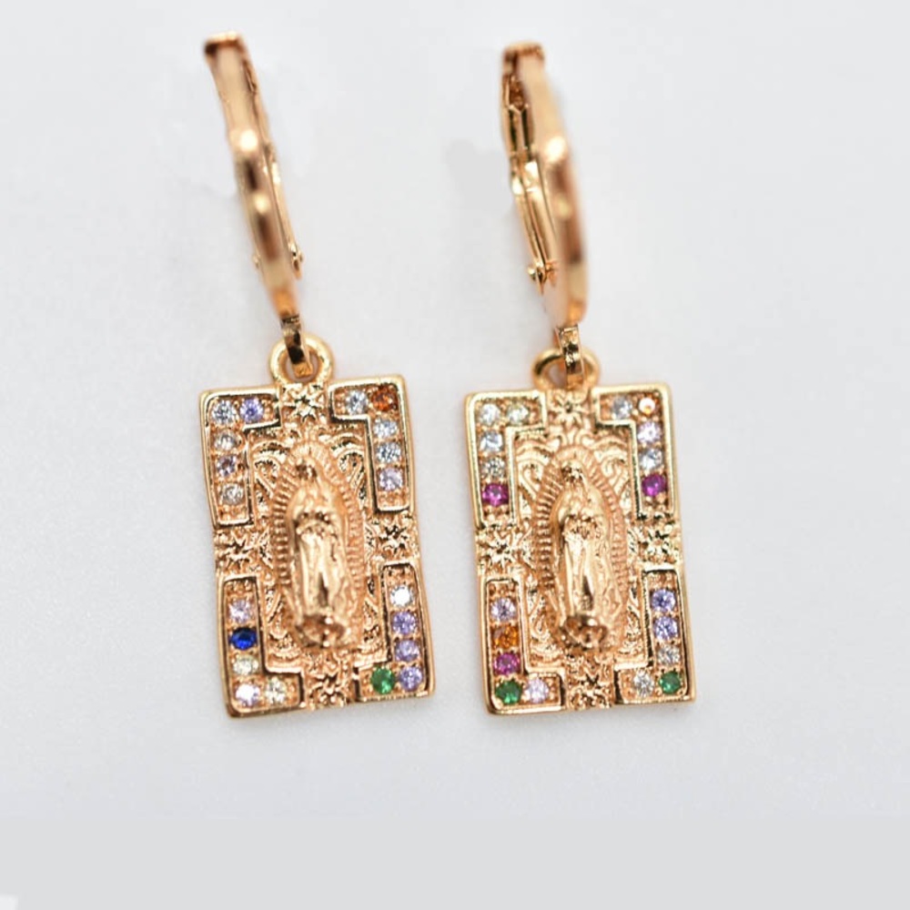 14k GF Multi-Color Mary Diamond Cut Medallion Earrings - Picture 2 of 4